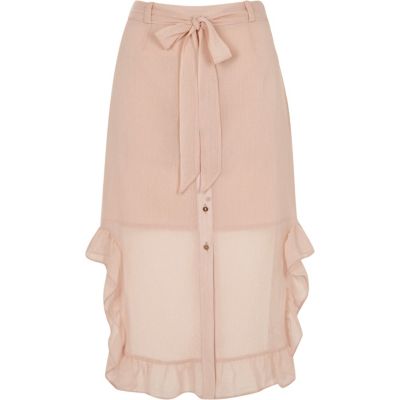 Light pink chiffon frill hem button-up skirt